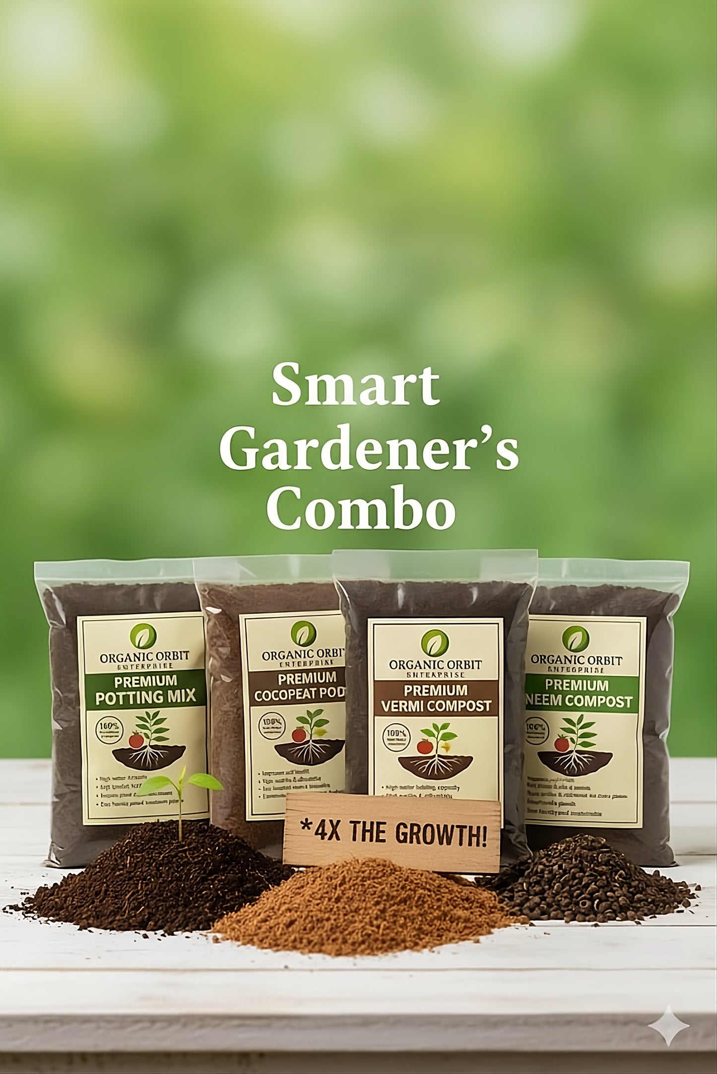 "Smart Gardener’s Combo – Potting Soil, Cocopeat, Vermicompost & Neem Compost" (1 KG EACH)